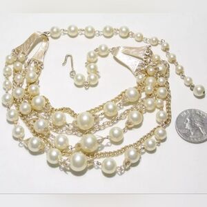 Vtg Signed JAPAN Necklace, Mutli-Strand (6) Faux Pearls & Chains 16.5" w/3" Drop